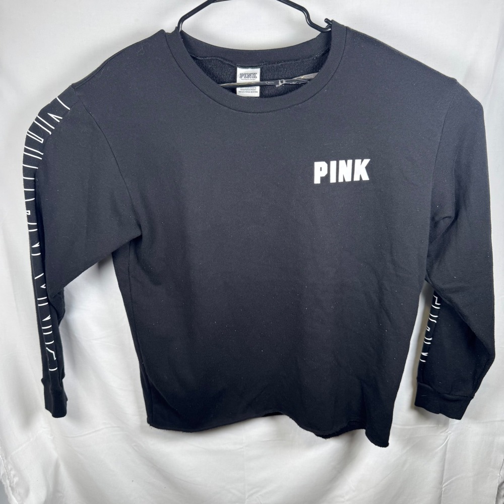 PINK Victoria's Secret Sweatshirt Womens Medium Black Graphic Sleeve Raw Hem